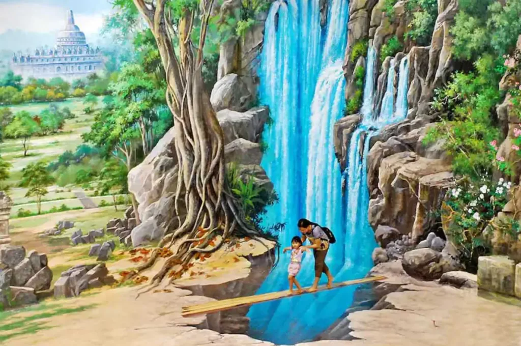 A huge illusion painting with an adult and a kid posing as if they are crossing a thin wood above a swirling waterfall