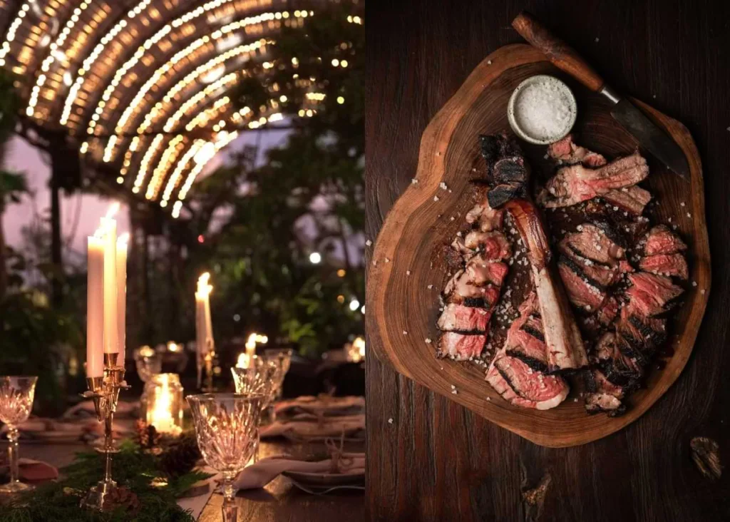Left image is an elegant dining setting with lit candles. Right image is a wooden platter with sliced, grilled meat